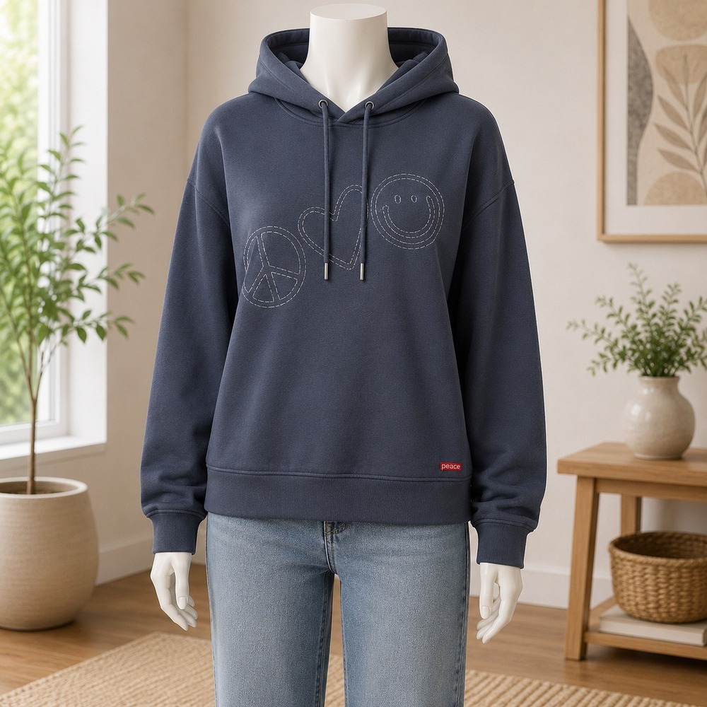 Peace Love World Hoodie Womens XS‎ Black Peace Heart Smiley Graphic Pullover